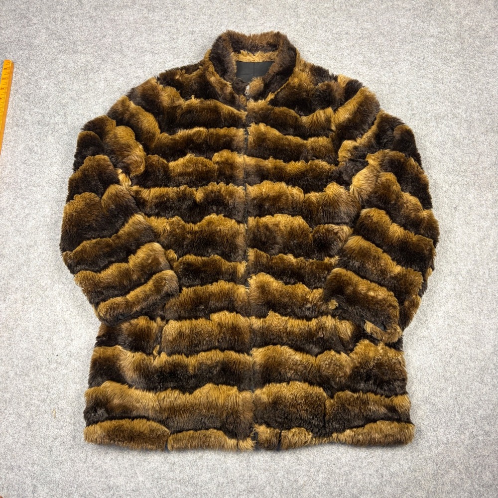 Striped Faux Fur Zip Up Jacket Brown Tan Mock Neck Plush Coat